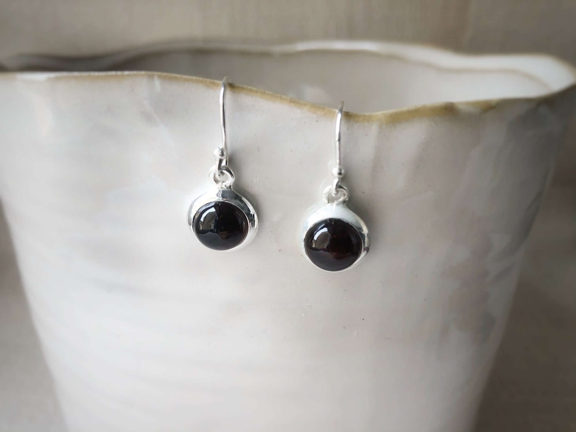 Small Garnet Round Silver Drop Earrings