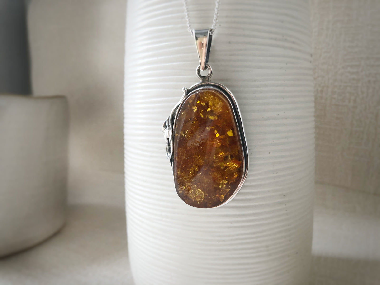 Baltic Amber Large Sterling Silver Pendant Necklace Tiger Lily London