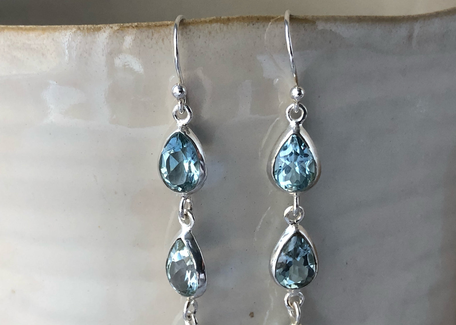 Triple Blue Teardrop Topaz Silver Earrings