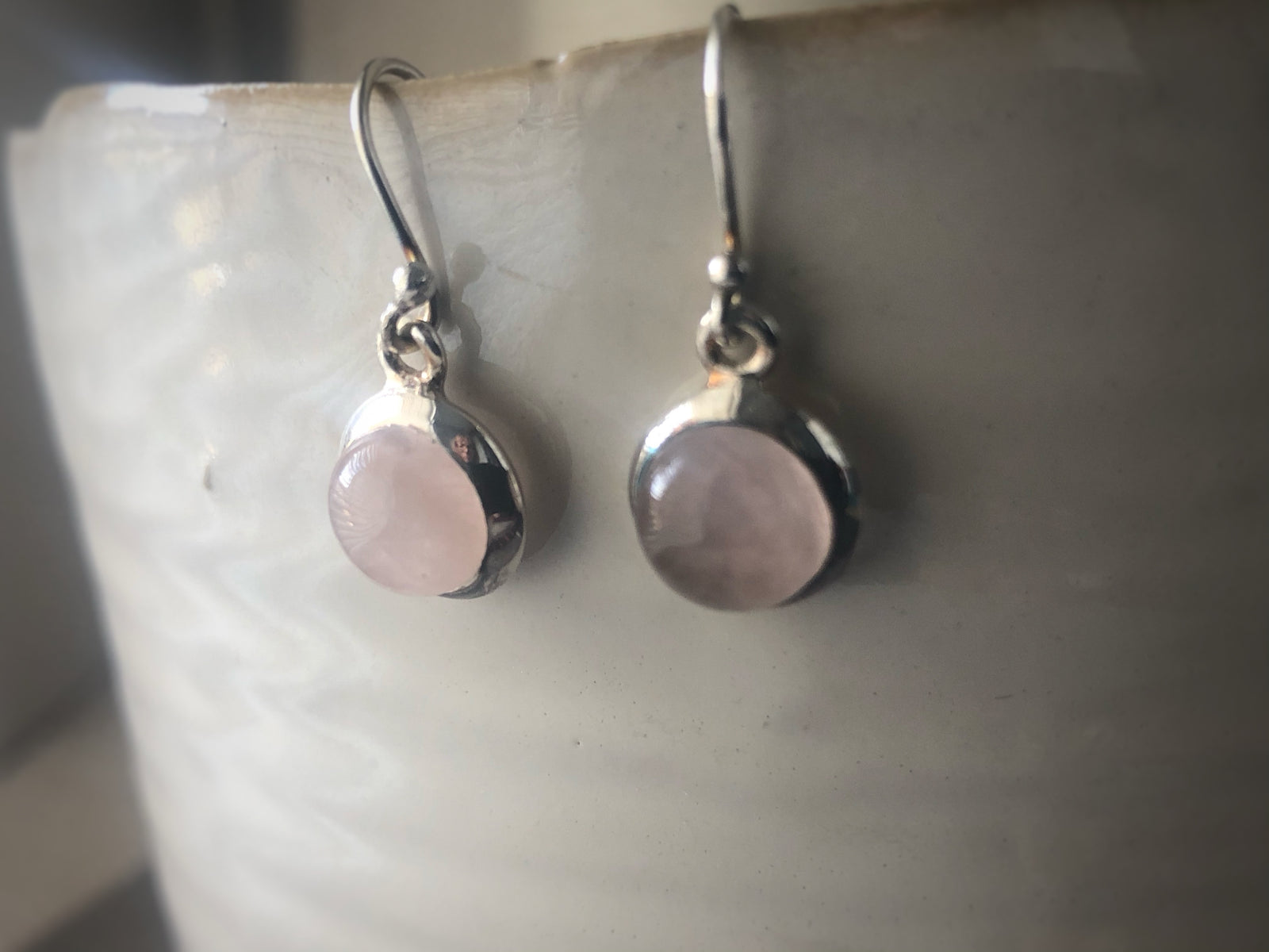 Rose Quartz Round Silver Drop Earrings