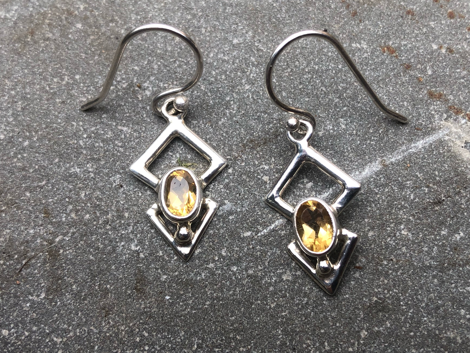 Citrine and Silver Aztec Inspired Drop Earrings