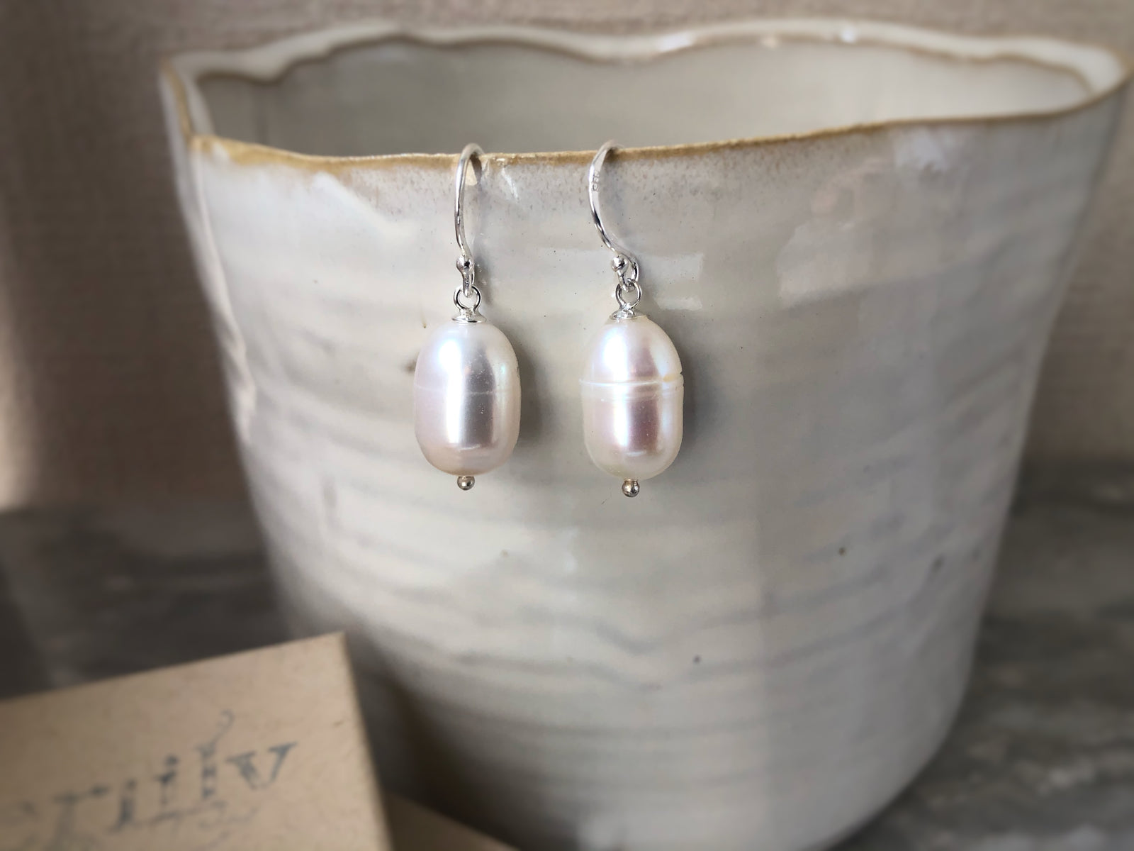 Oval Pearl Sterling Silver Drop Earrings Tiger Lily London