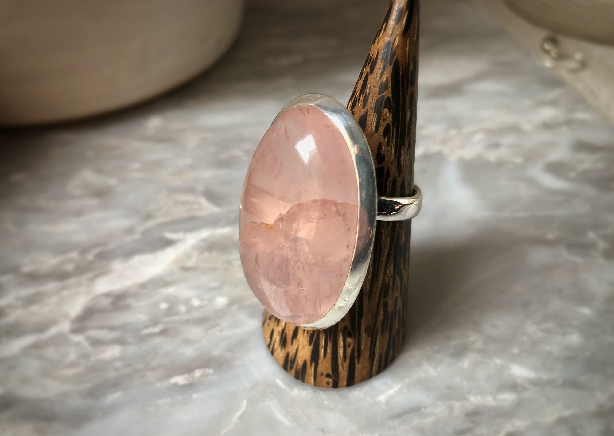 Extra Large Rose Quartz Sterling Silver Ring Tiger Lily London