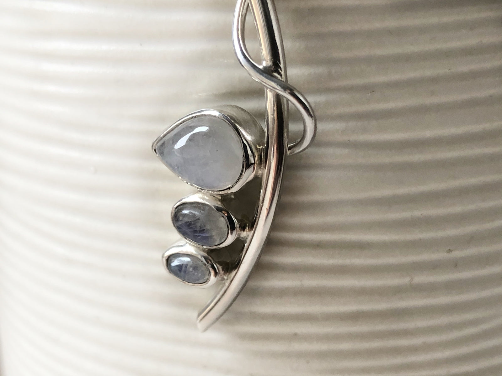 Triple Moonstone Curve Sterling Silver Pendant Necklace Tiger Lily London