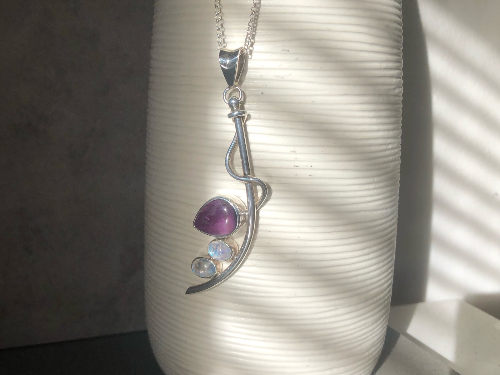 Amethyst and Moonstone Silver Wave Pendant Necklace
