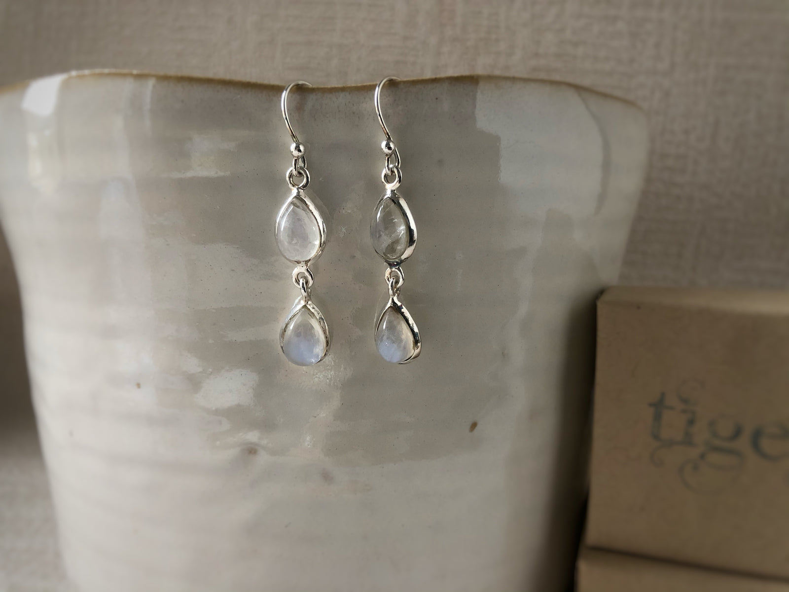 Double Teardrop Moonstone Sterling Silver Earrings Tiger Lily London