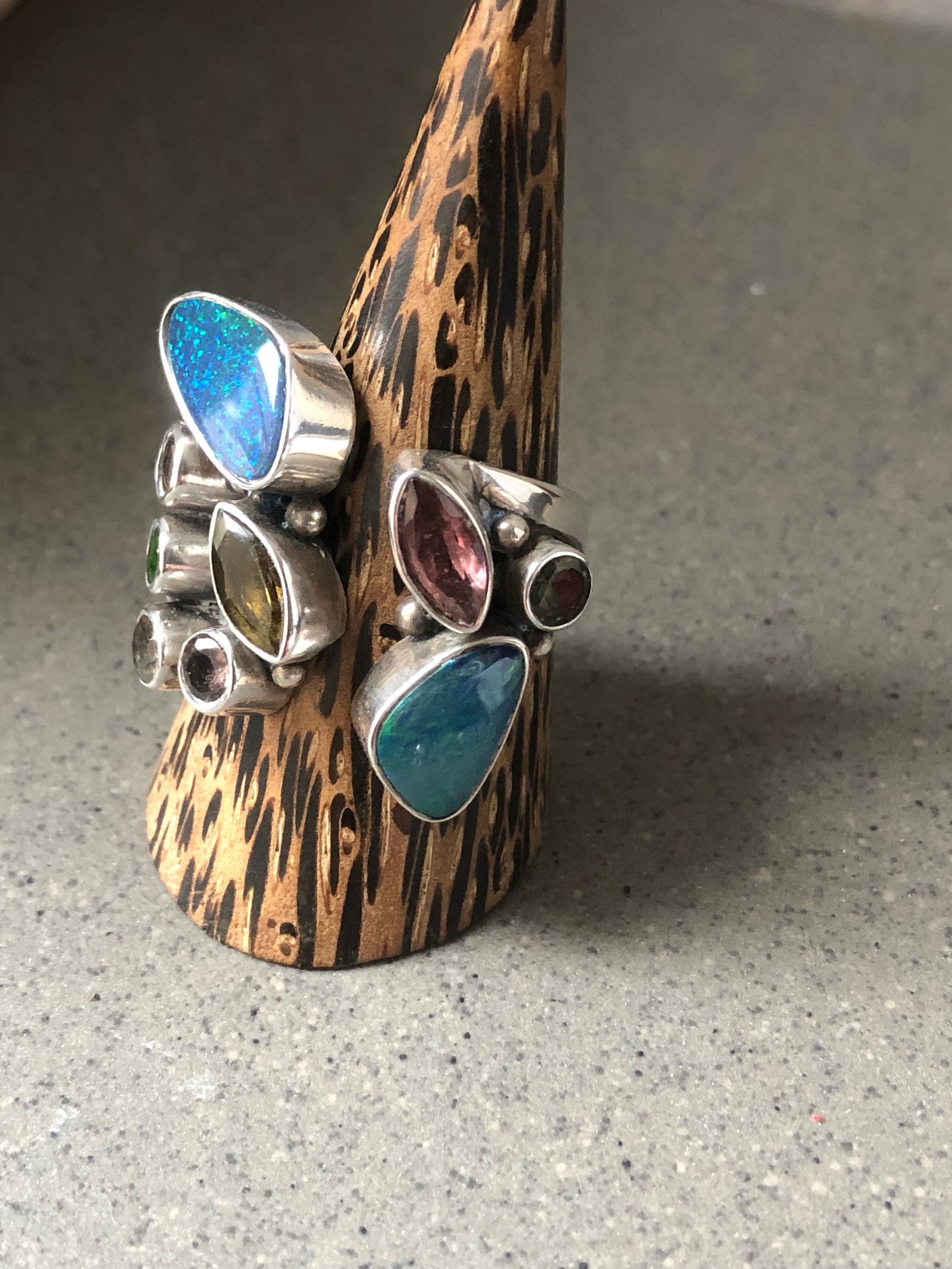 Opal and Tourmaline Sterling Silver Decorative Ring