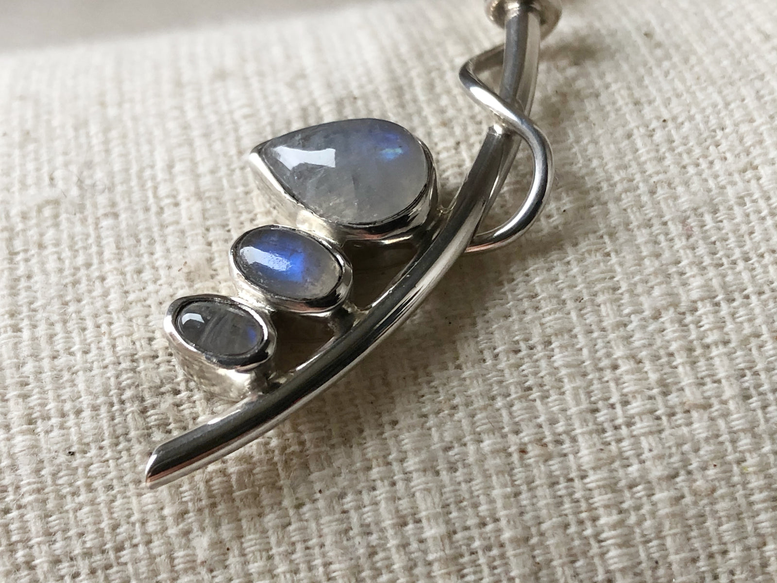 Triple Moonstone Curve Sterling Silver Pendant Necklace Tiger Lily London