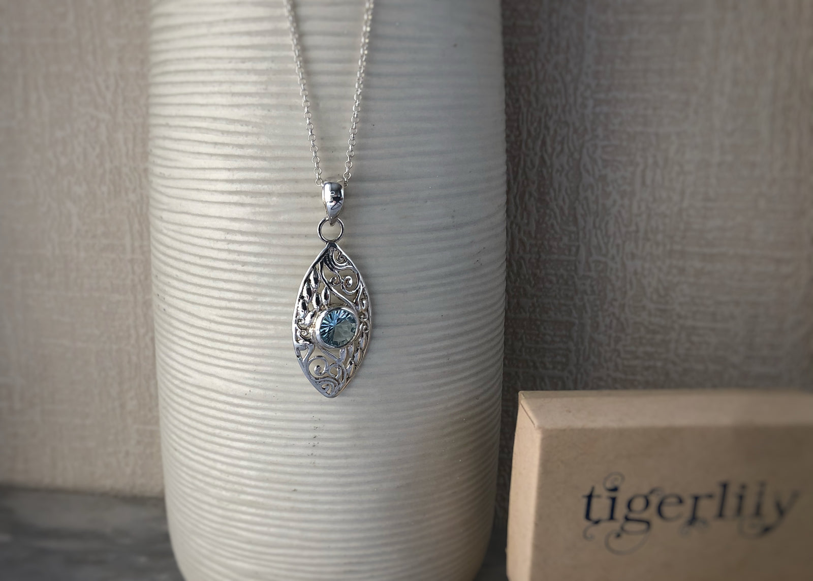 Blue Topaz Filigree Sterling Silver Pendant Necklace Tiger Lily London