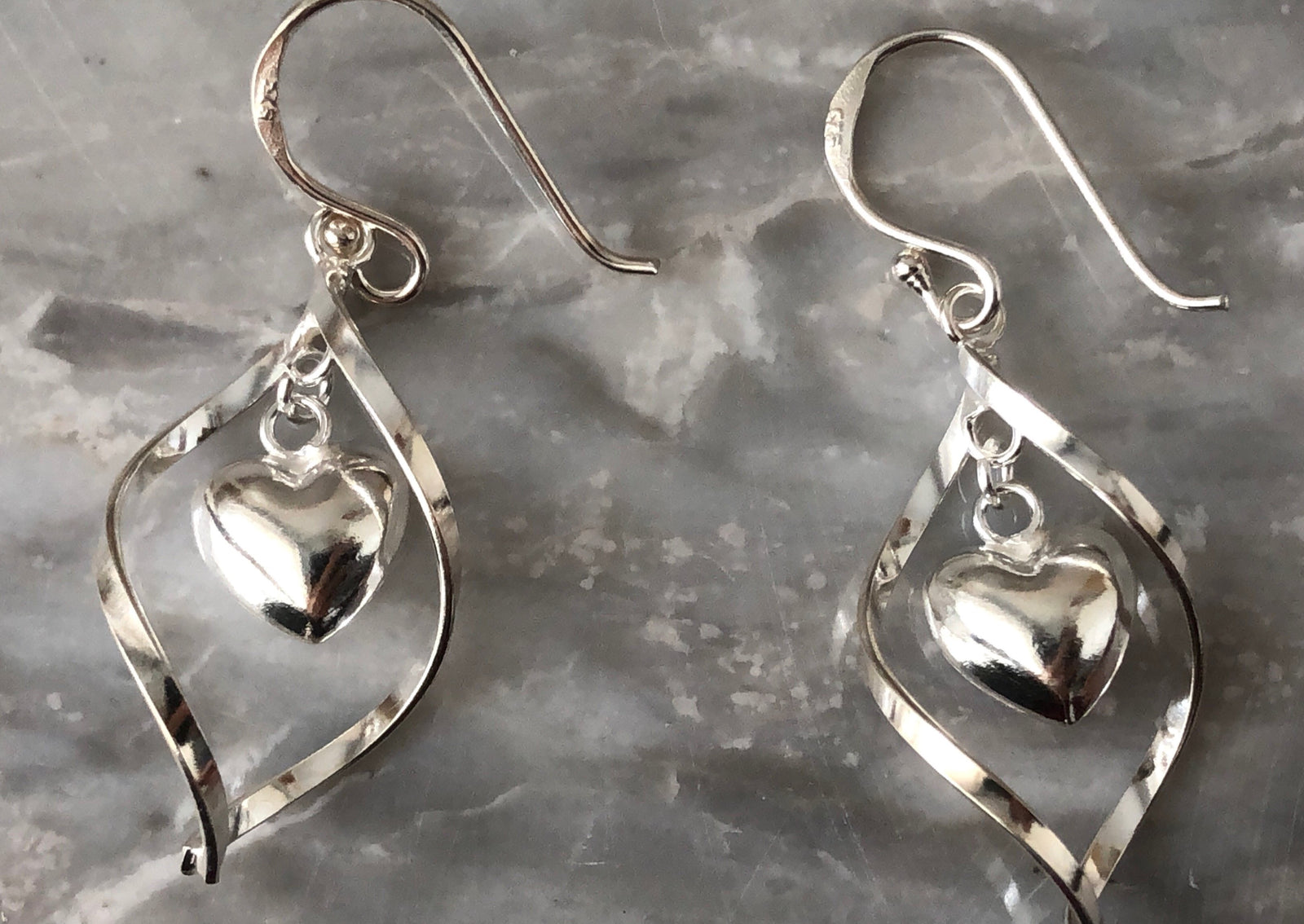 Sterling Silver Spiral Dangling Heart Earrings Tiger Lily London