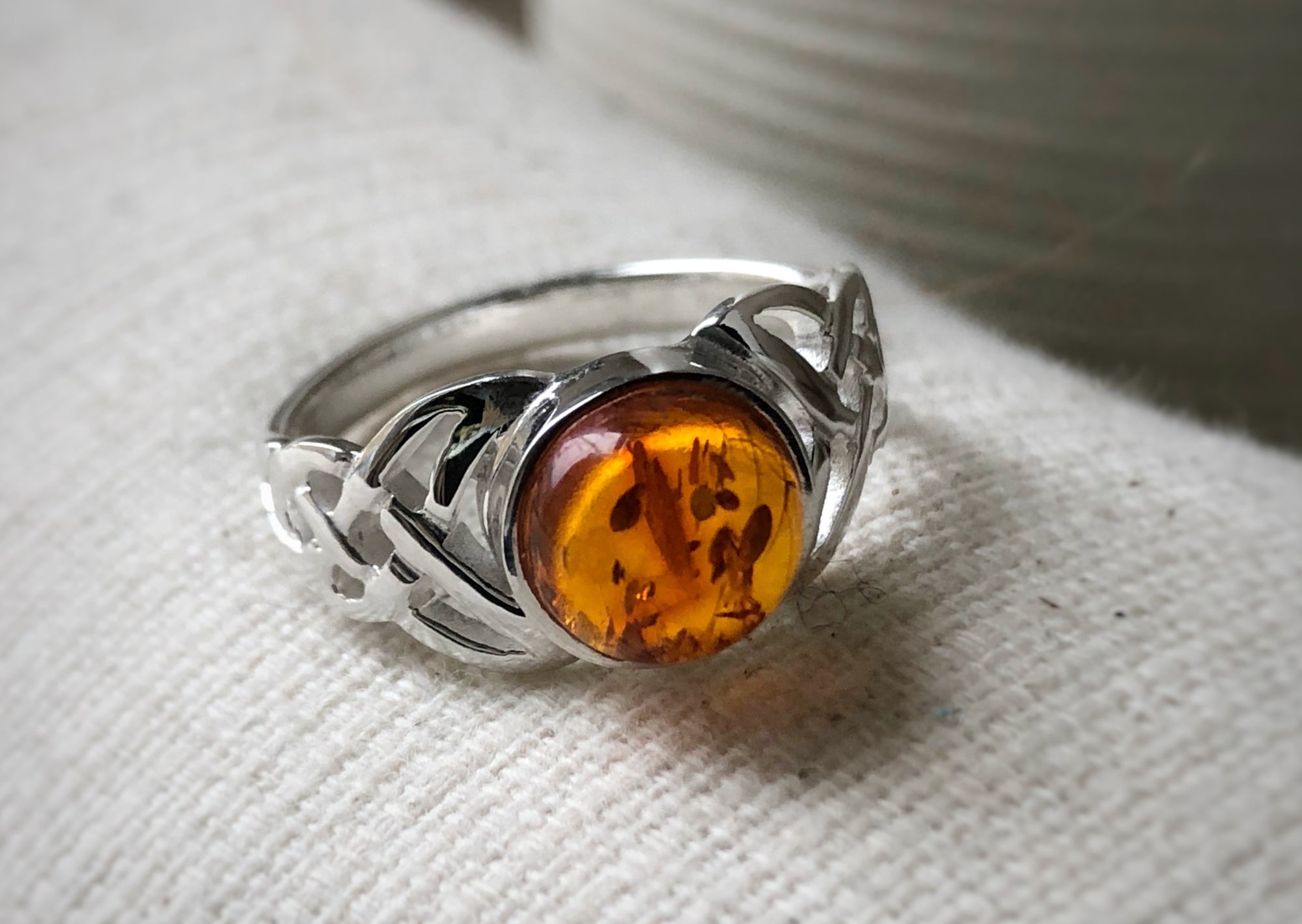 Baltic Amber Celtic Sterling Silver Ring Tiger Lily London