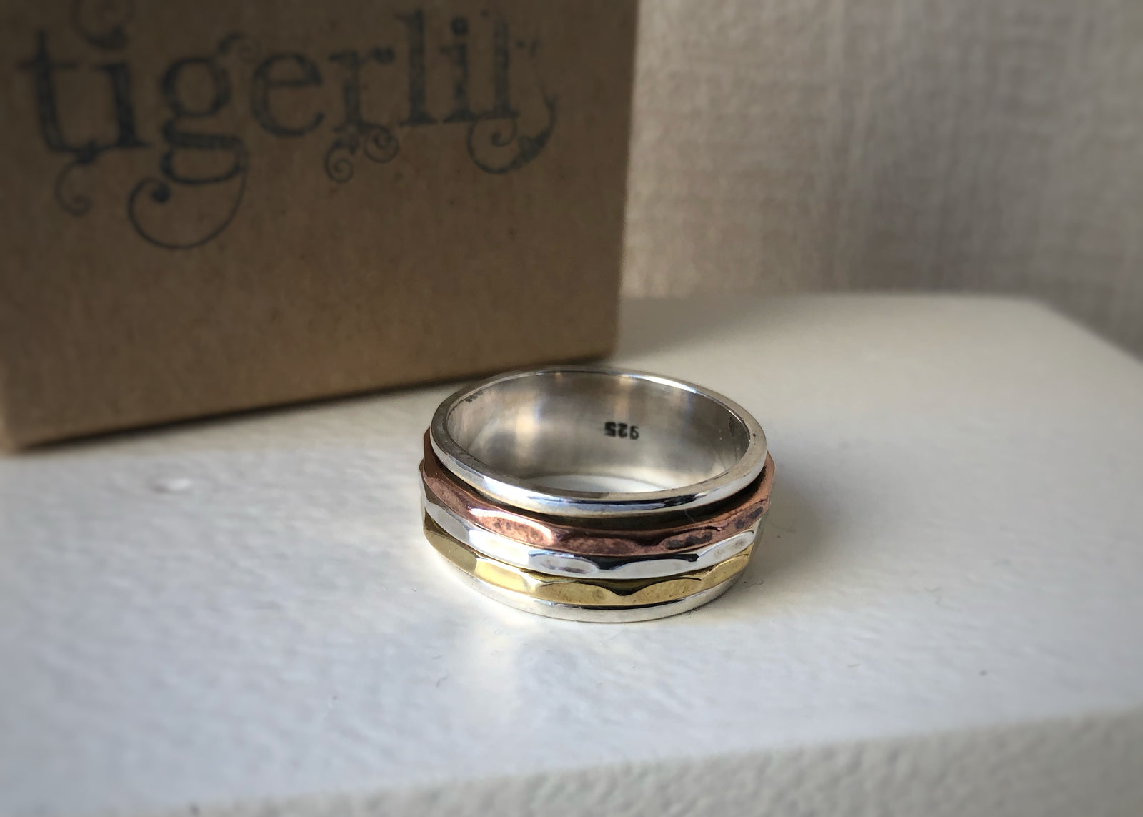 Brass, Copper and Sterling Silver Hammered Spinning Ring Tiger Lily London