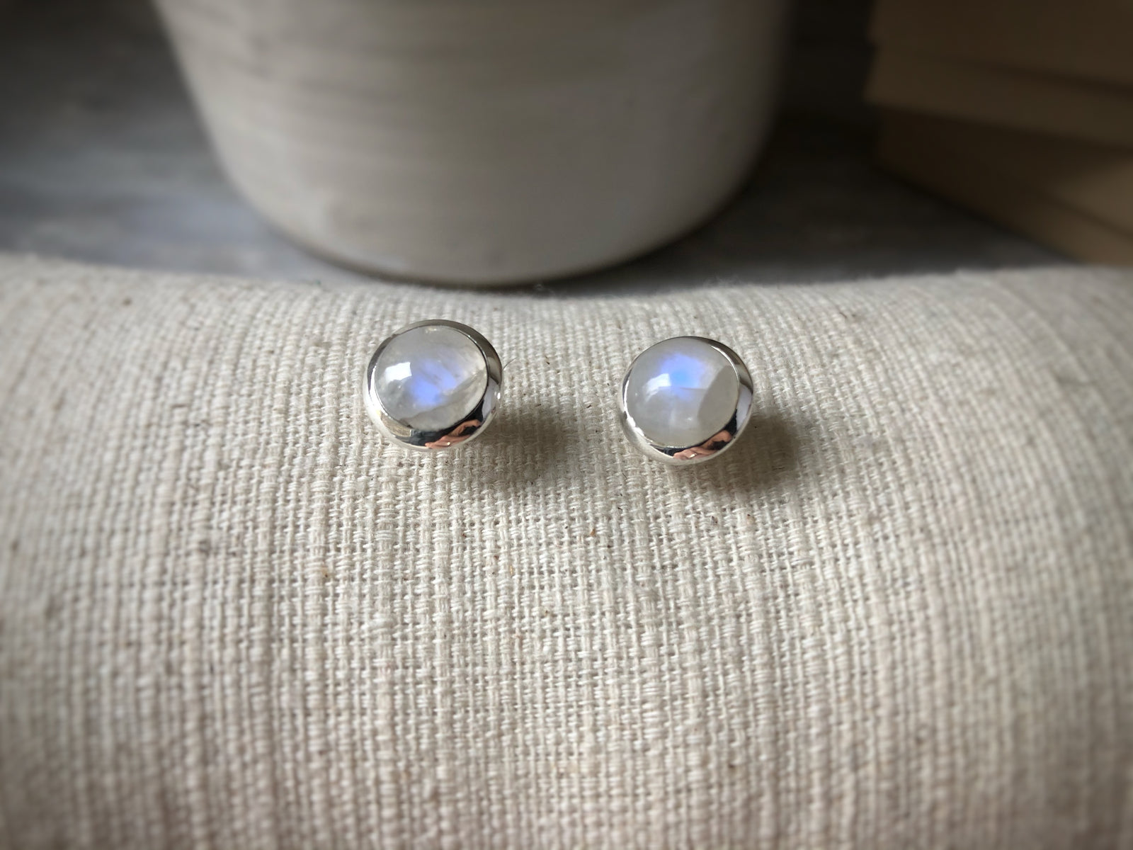 Medium Moonstone Sterling Silver Stud Round Earrings Tiger Lily London