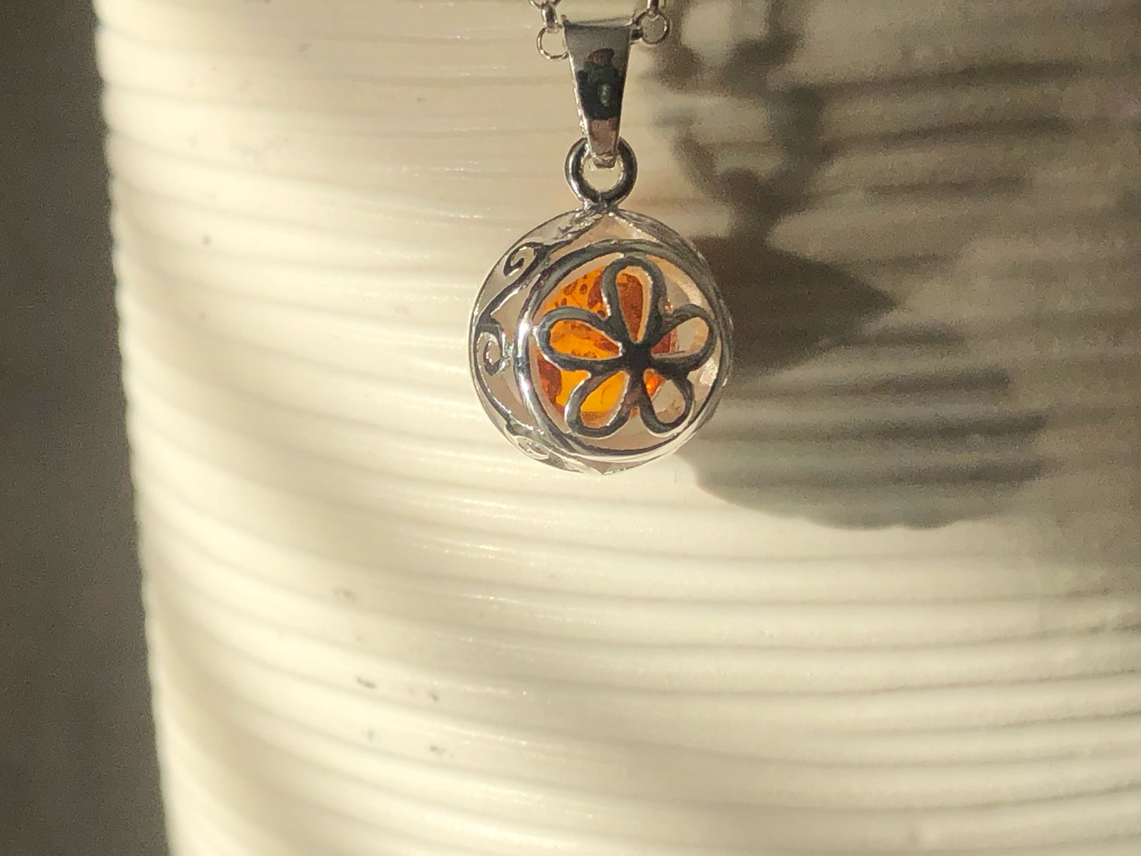 Baltic Amber Sterling Silver Filigree Pendant Necklace