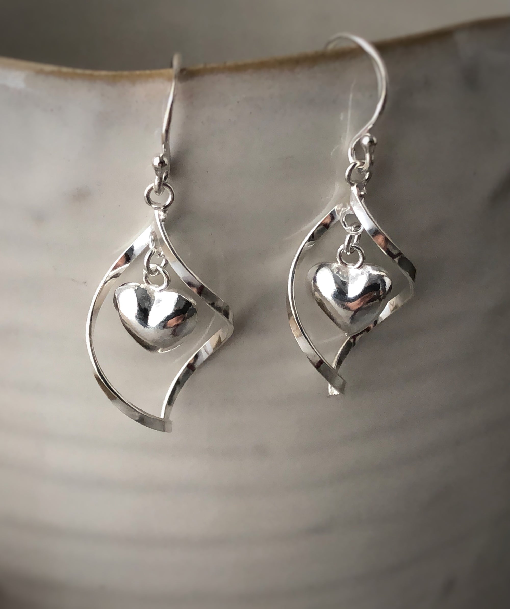Sterling Silver Spiral Dangling Heart Earrings Tiger Lily London