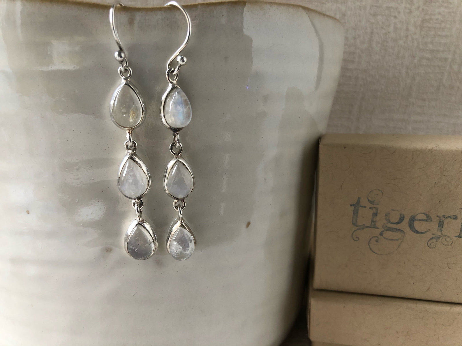 Triple Teardrop Moonstone Silver Earrings