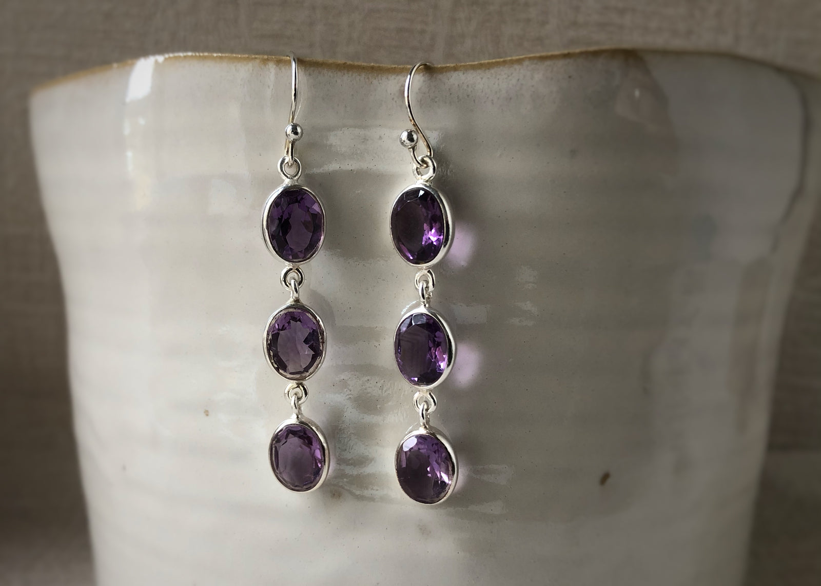 Triple Oval Amethyst Silver Earrings