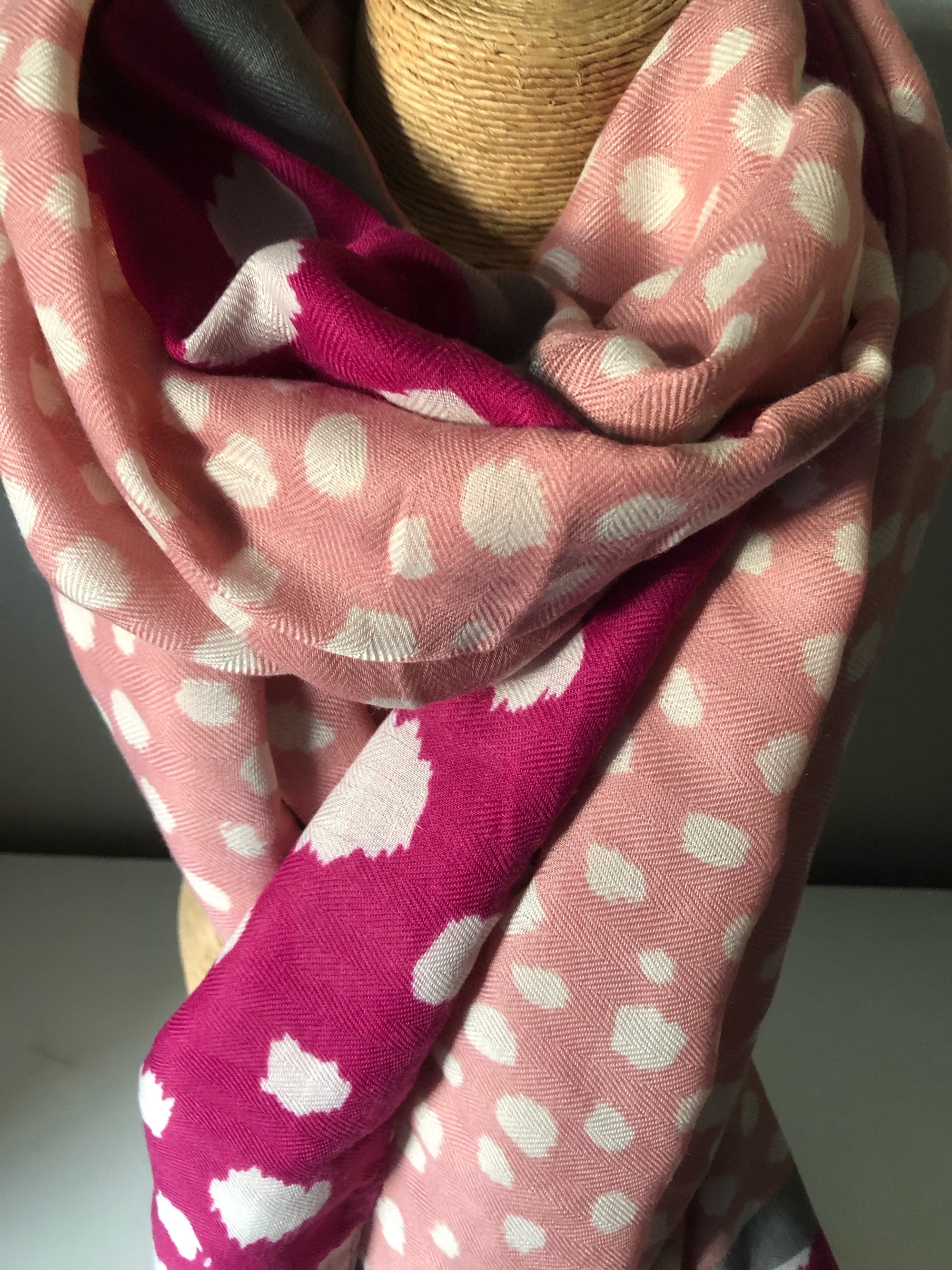 Pink, Grey and White Spotted Print Scarf