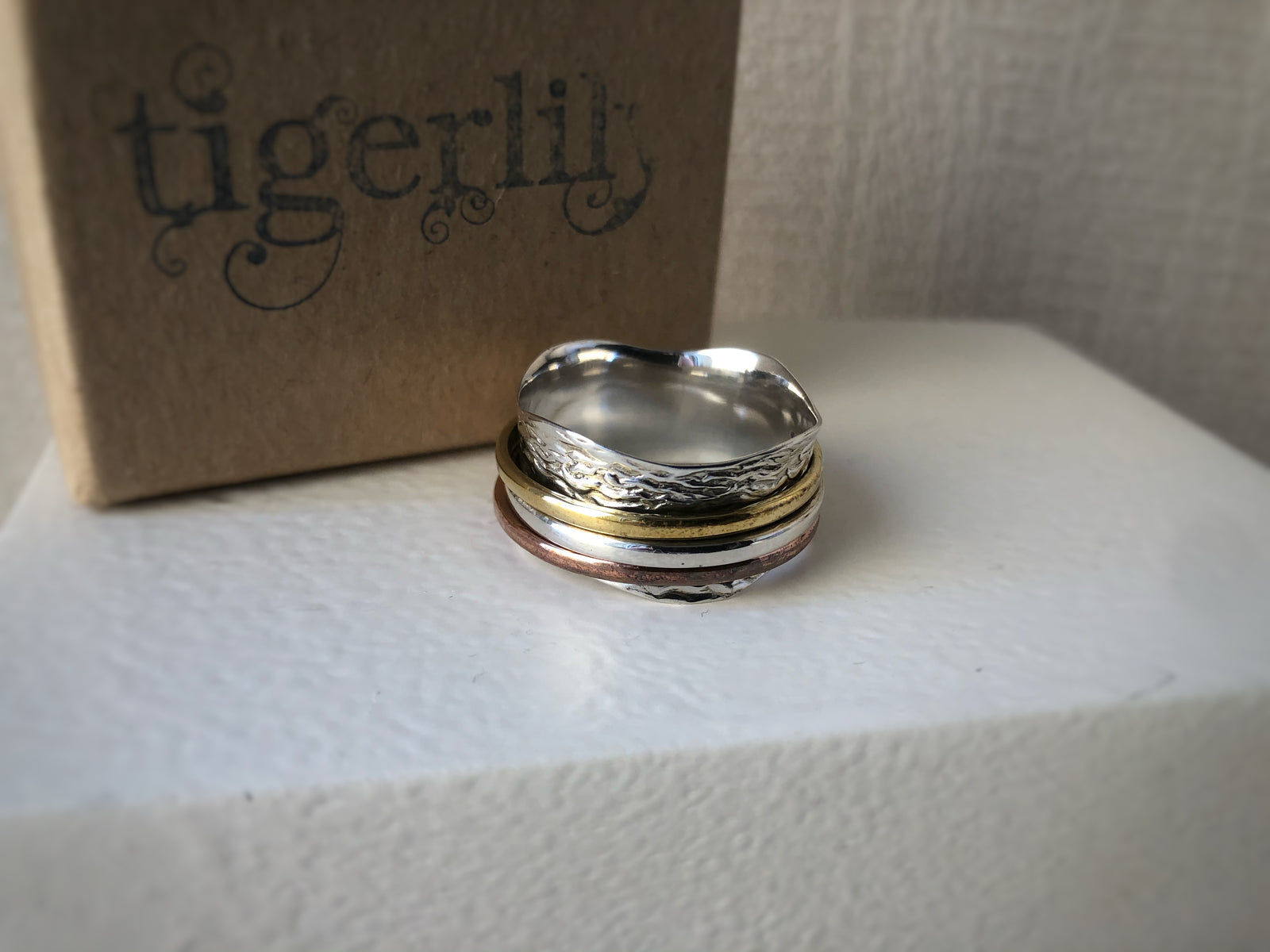 Brass, Copper and Sterling Silver Rustic Spinning Ring Tiger Lily London